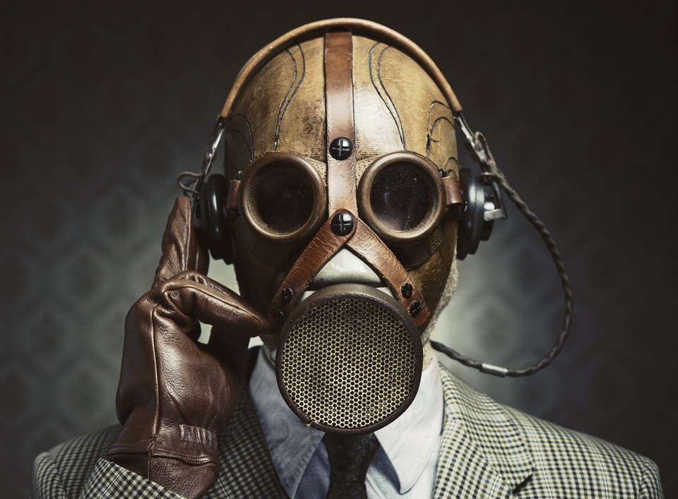 Vintage gas mask and headphones
